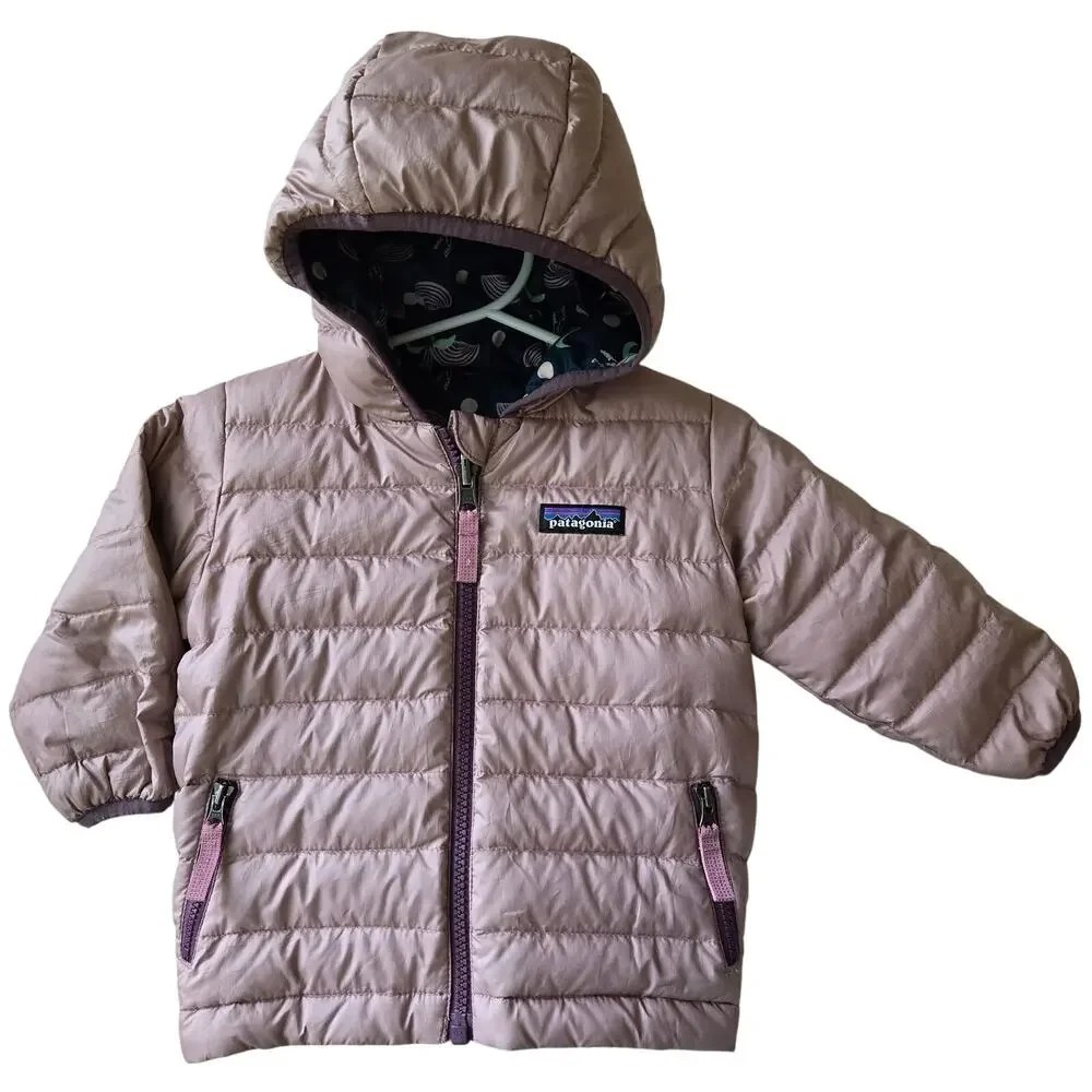Patagonia Toddler Girls Reversible Down Sweater Jacket w Hood Pink Size 2T EUC